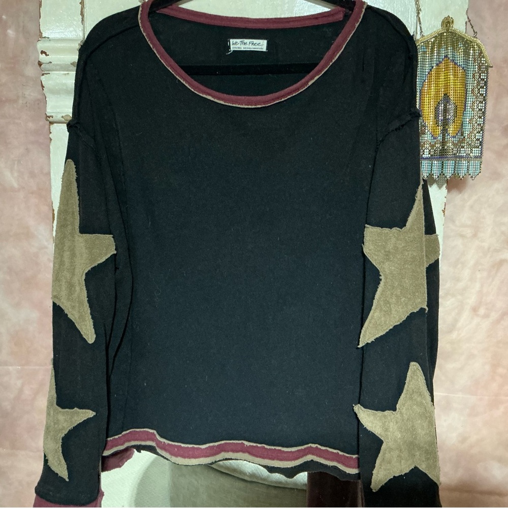 Free People Black Pullover with Tan Star Sleeves and Burgundy Trim